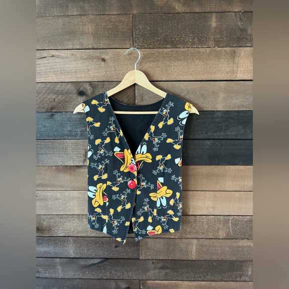 Vintage Daffy Duck Looney Tunes Button Vest Cartoon Print Black Red Graphic - Picture 11 of 11